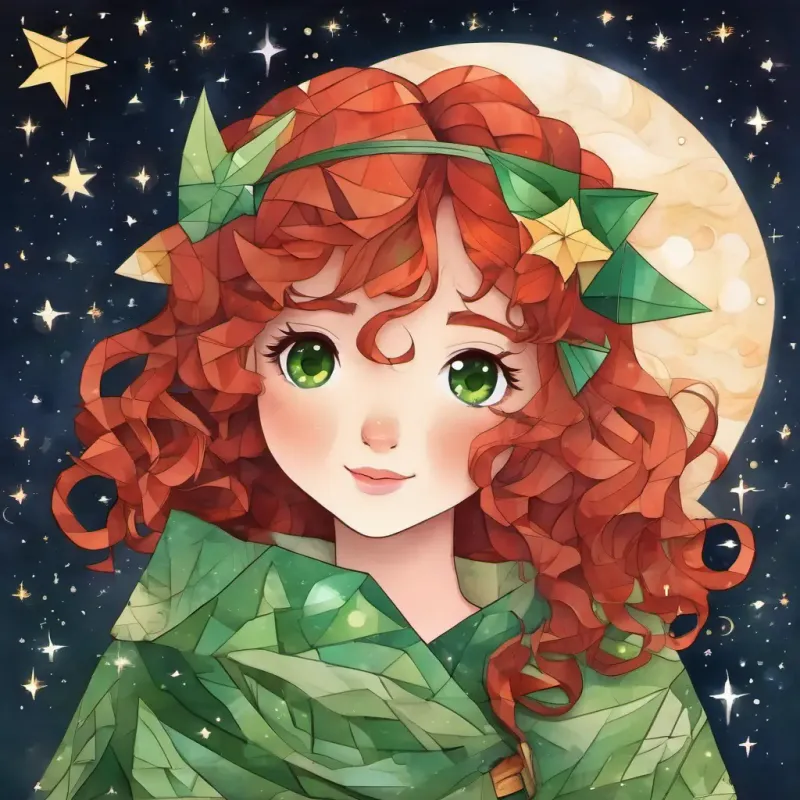 Curly red hair, freckles, green eyes, rosy cheeks, happy, the function, and the tangent snuggled up together under the starlit sky, looking cozy and happy.