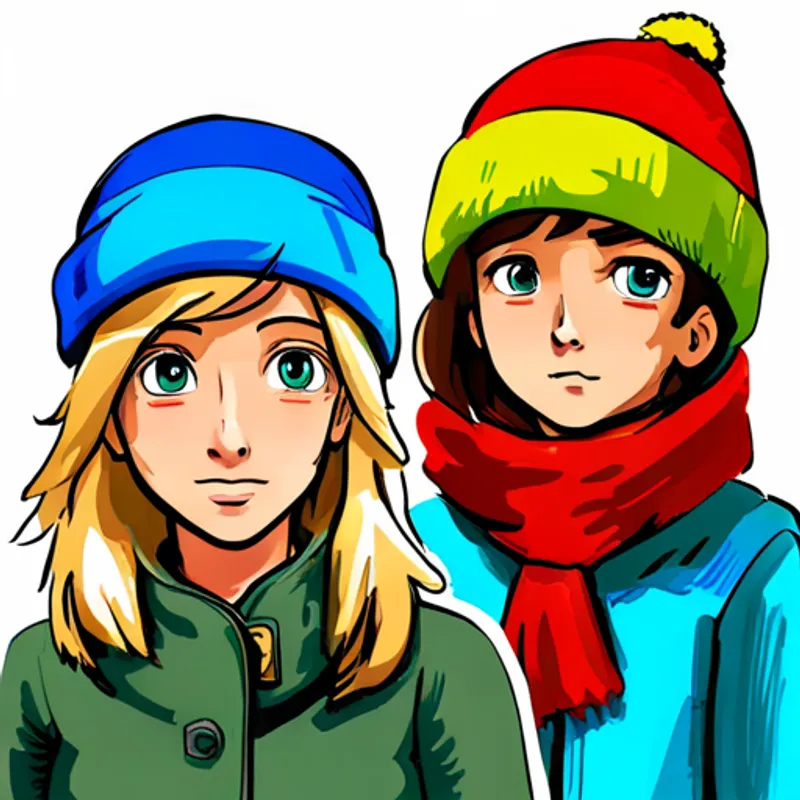 blondes Mädchen, roter Schal, grüne Jacke und brauner Junge, blaue Mütze, gelber Schneeanzug packen ihre Sachen ein