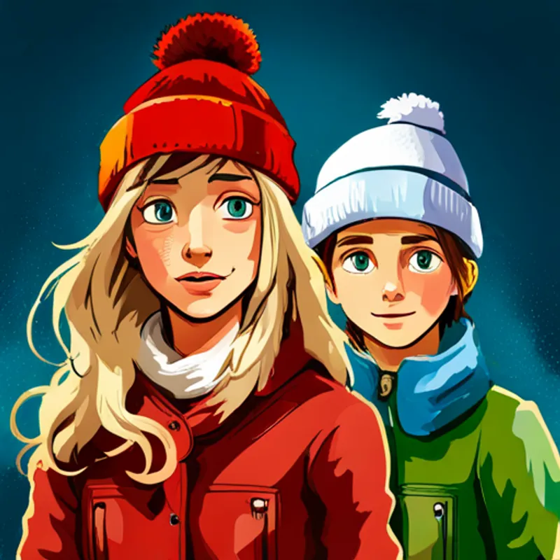 blondes Mädchen, roter Schal, grüne Jacke und brauner Junge, blaue Mütze, gelber Schneeanzug kämpfen gegen den Wind