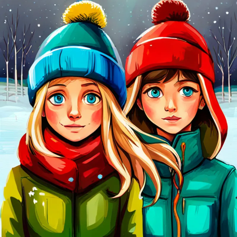 blondes Mädchen, roter Schal, grüne Jacke und brauner Junge, blaue Mütze, gelber Schneeanzug halten ihre Nasen fest