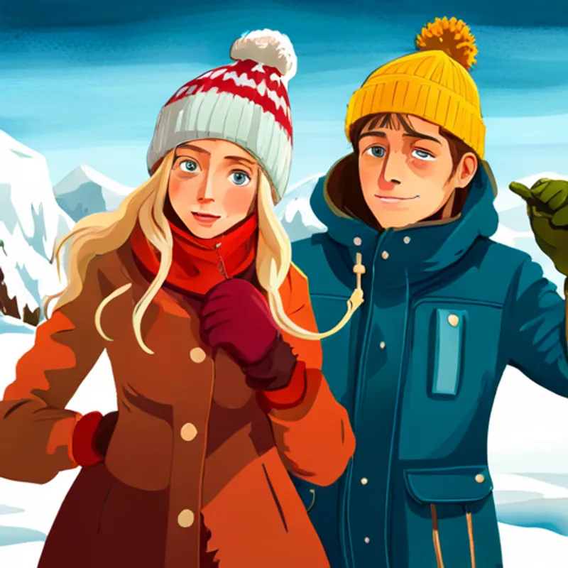 blondes Mädchen, roter Schal, grüne Jacke und brauner Junge, blaue Mütze, gelber Schneeanzug halten sich den Bauch