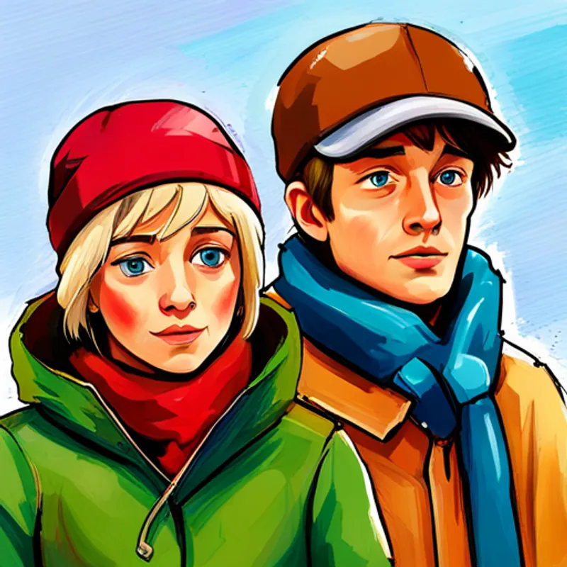 blondes Mädchen, roter Schal, grüne Jacke und brauner Junge, blaue Mütze, gelber Schneeanzug halten sich die Nase zu