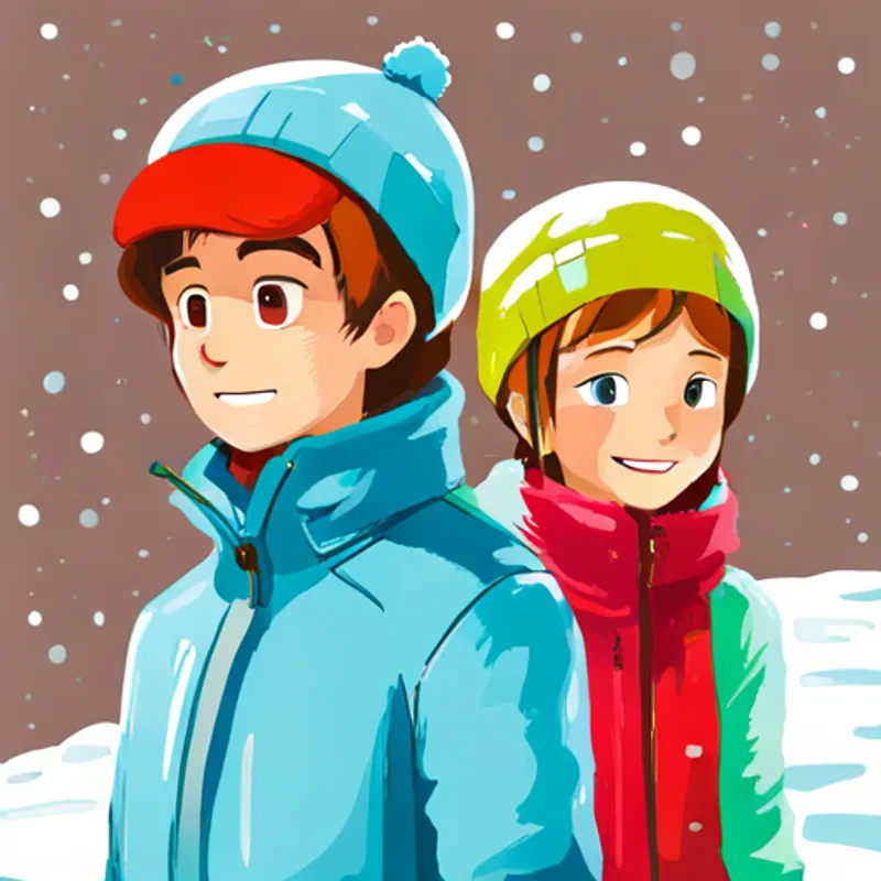 blondes Mädchen, roter Schal, grüne Jacke und brauner Junge, blaue Mütze, gelber Schneeanzug staunen über die leuchtenden Fürze