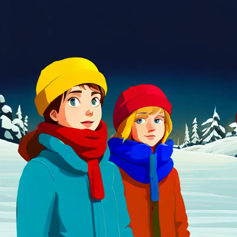 blondes Mädchen, roter Schal, grüne Jacke und brauner Junge, blaue Mütze, gelber Schneeanzug gehen den leuchtenden Fürzen hinterher