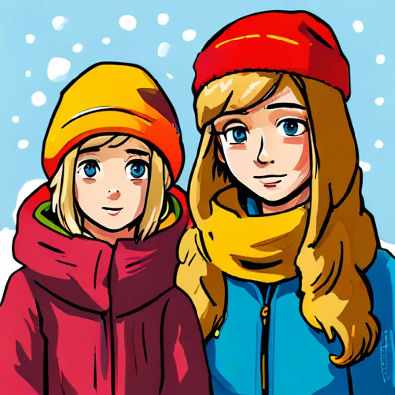 blondes Mädchen, roter Schal, grüne Jacke und brauner Junge, blaue Mütze, gelber Schneeanzug helfen dem braunes Rentier, rote Nase, Geweih, freundliche Augen zurück