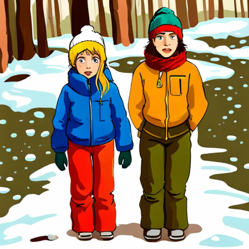 blondes Mädchen, roter Schal, grüne Jacke und brauner Junge, blaue Mütze, gelber Schneeanzug winken dem Nordpol zu