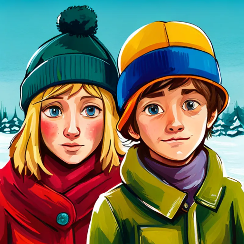 blondes Mädchen, roter Schal, grüne Jacke und brauner Junge, blaue Mütze, gelber Schneeanzug lachen glücklich