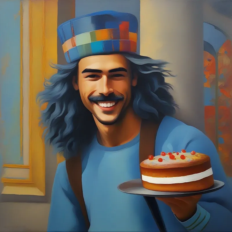 Ragazzo con capelli castani e una maglietta blu e la Donna con capelli grigi e un sorriso caloroso con una torta colorata