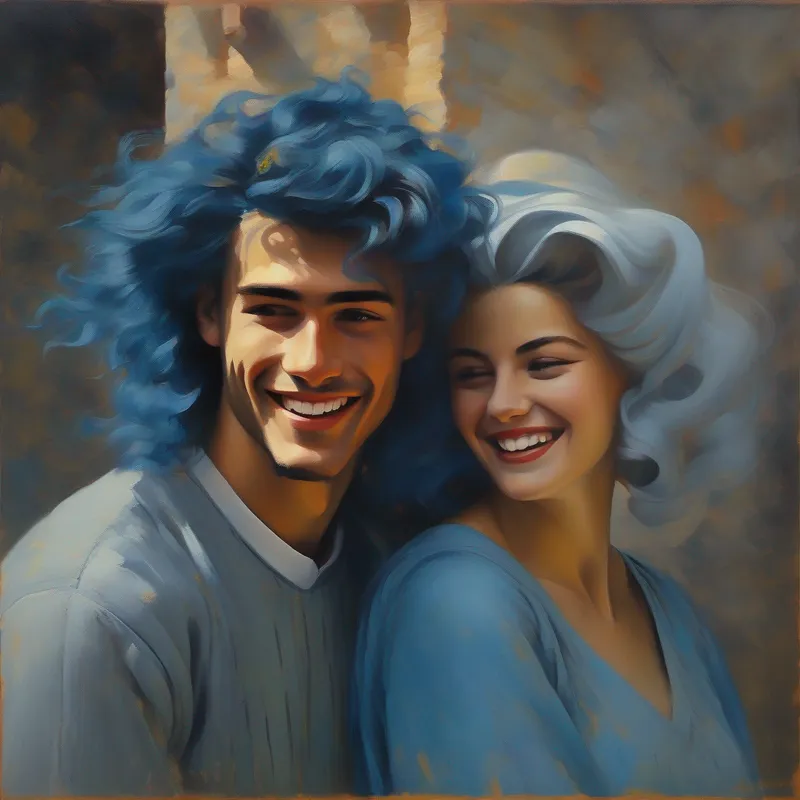 Ragazzo con capelli castani e una maglietta blu e la Donna con capelli grigi e un sorriso caloroso cantano e sorridono insieme