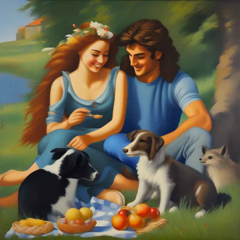 Ragazzo con capelli castani e una maglietta blu e la Donna con capelli grigi e un sorriso caloroso fanno picnic con animali amichevoli
