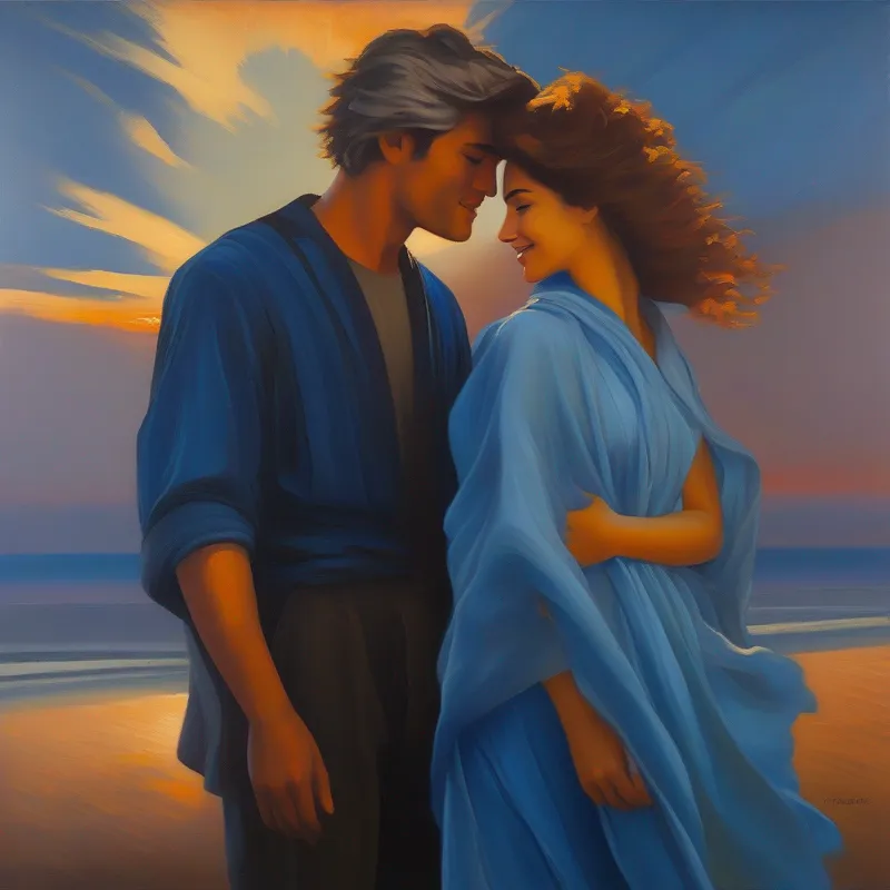 Ragazzo con capelli castani e una maglietta blu e la Donna con capelli grigi e un sorriso caloroso in abbraccio guardano il tramonto