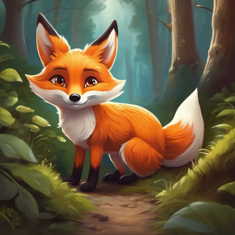 Brave little fox with orange fur and big curious eyes discovers a new path in the forest.