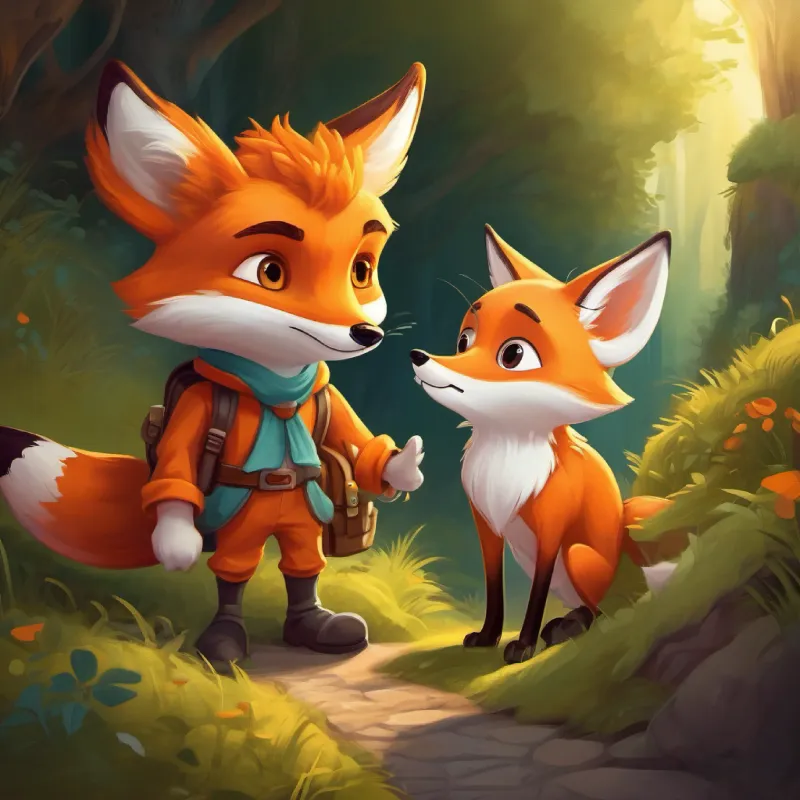 Brave little fox with orange fur and big curious eyes and his new friend are on a treasure hunt.