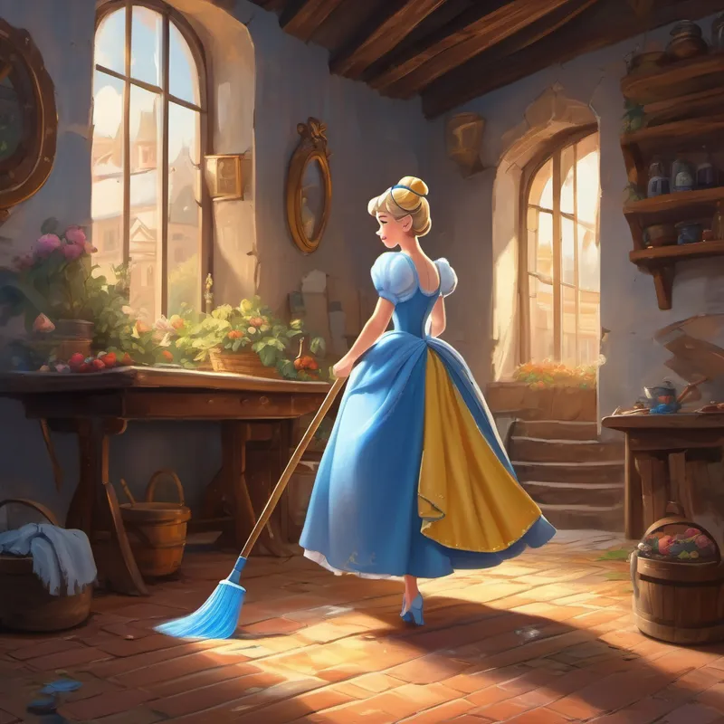 Cinderella wearing tattered clothes cleaning the floor