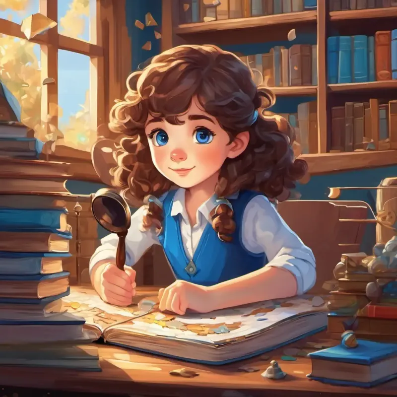 Curly brown hair, sparkling blue eyes Smart and determined girl sitting at a desk with puzzle pieces and a magnifying glass, surrounded by books