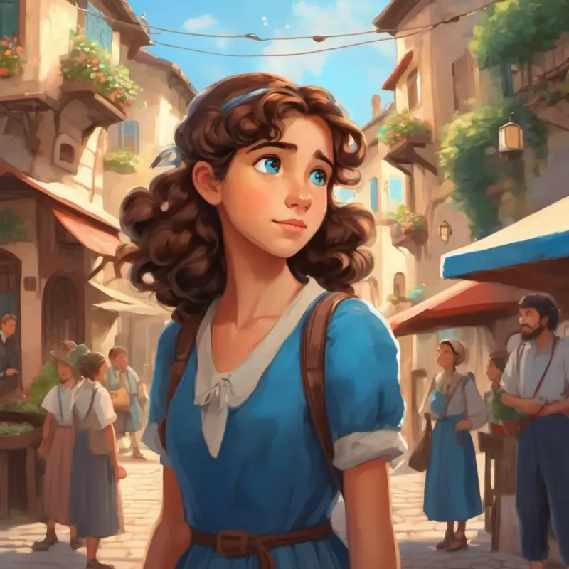 Curly brown hair, sparkling blue eyes Smart and determined girl talking to different townspeople, who look worried and confused