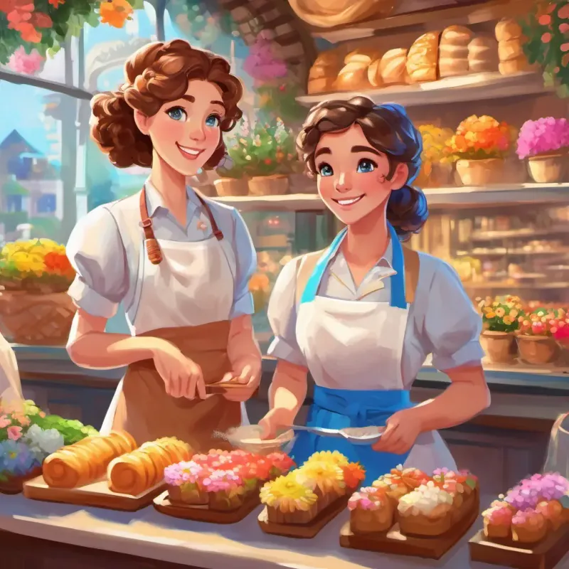 Curly brown hair, sparkling blue eyes Smart and determined girl talking to Kind baker with a white apron and a friendly smile and Flower shop owner with a colorful apron and bright flowers in her hair, with a bakery and flower shop in the background