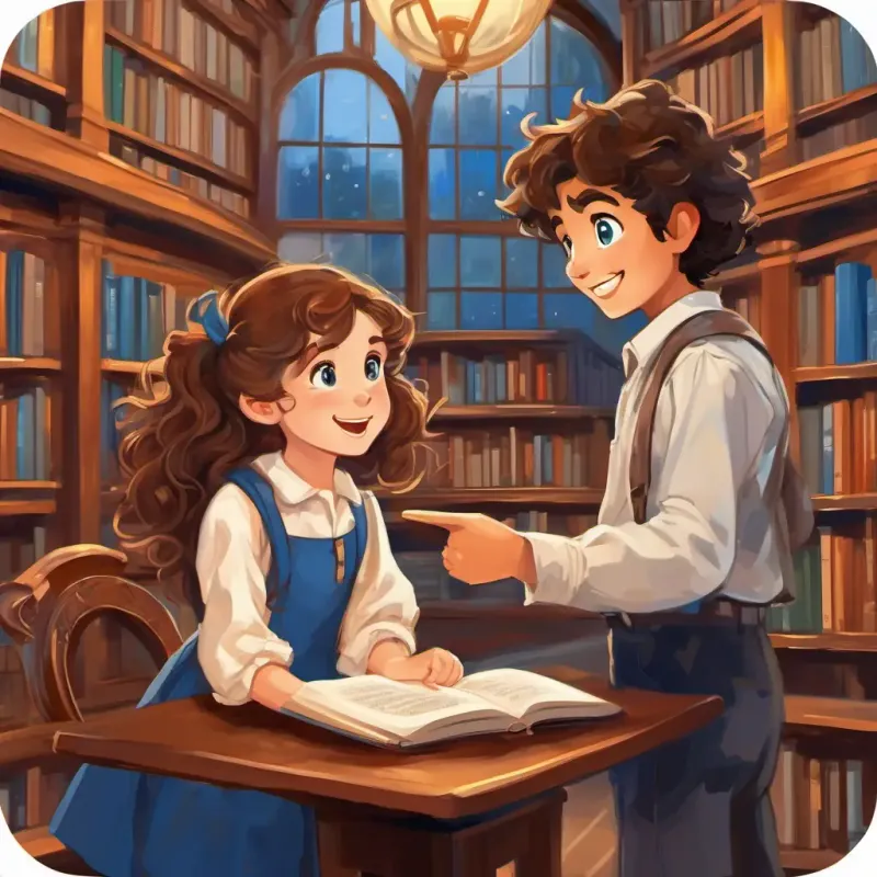 Curly brown hair, sparkling blue eyes Smart and determined girl talking to Mischievous boy with messy hair and a mischievous grin, who points towards the library with a mischievous grin