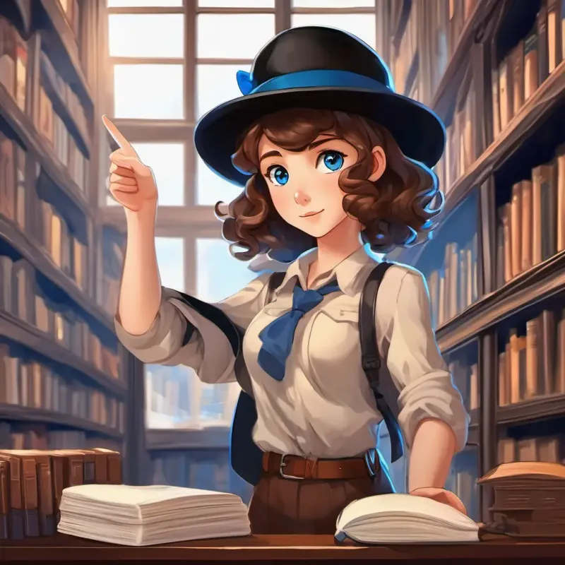 Curly brown hair, sparkling blue eyes Smart and determined girl wearing a detective hat, holding the black hat and pointing at the library