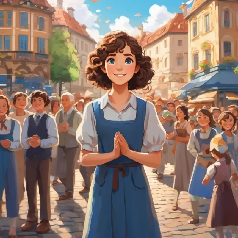 Curly brown hair, sparkling blue eyes Smart and determined girl standing in the town square, surrounded by the townspeople, who are happy and clapping