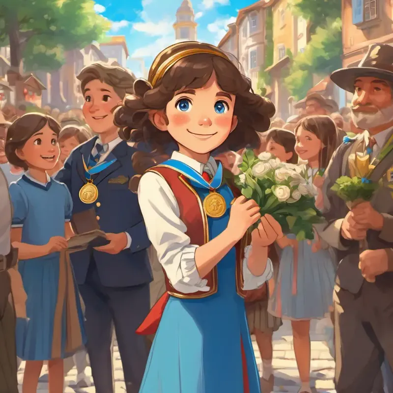 The mayor giving Curly brown hair, sparkling blue eyes Smart and determined girl a medal, with the townspeople smiling and applauding