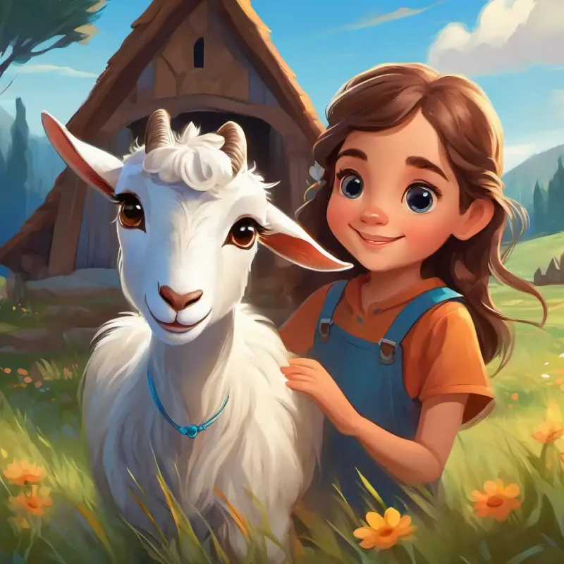 Introduction of Young girl with a sense of adventure, long hair, brown eyes and her goat Friendly goat with unique sparkling blue eyes, playing in a meadow.