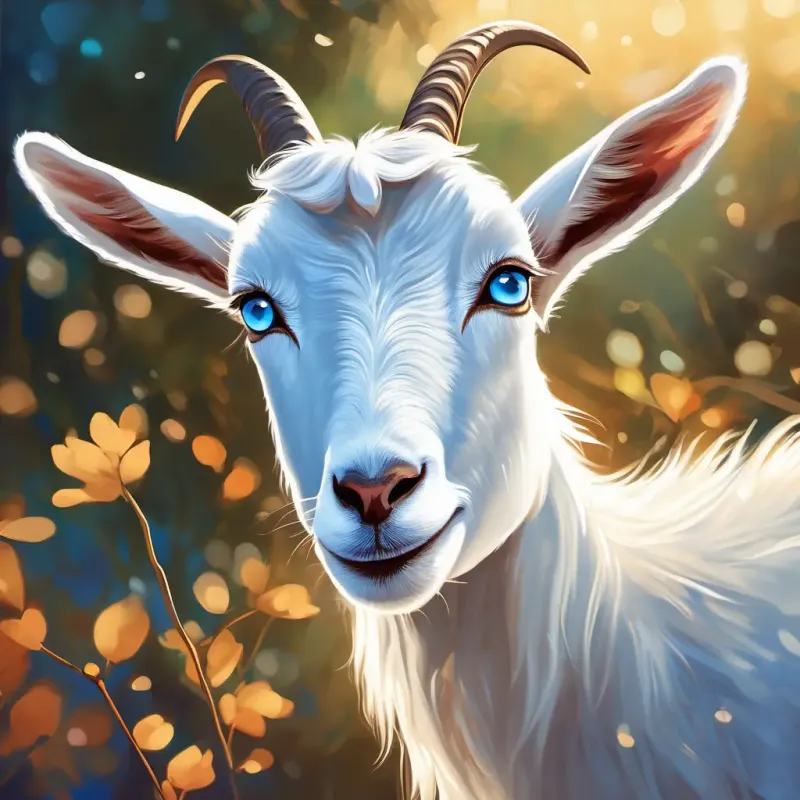 Description of Friendly goat with unique sparkling blue eyes's unique blue eyes.