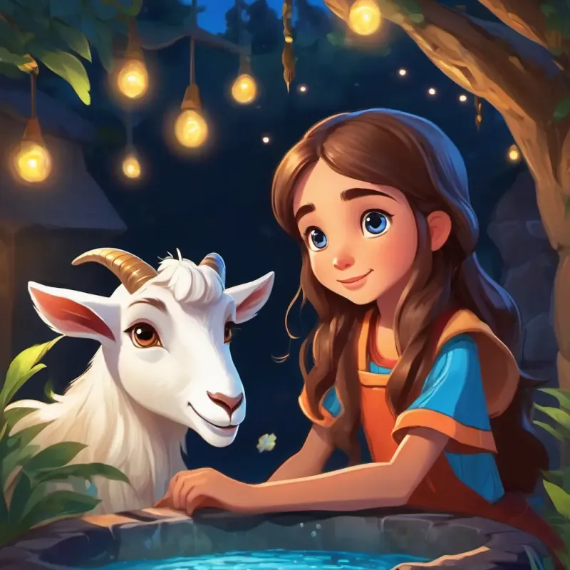 Young girl with a sense of adventure, long hair, brown eyes makes a wish at the well with Friendly goat with unique sparkling blue eyes.