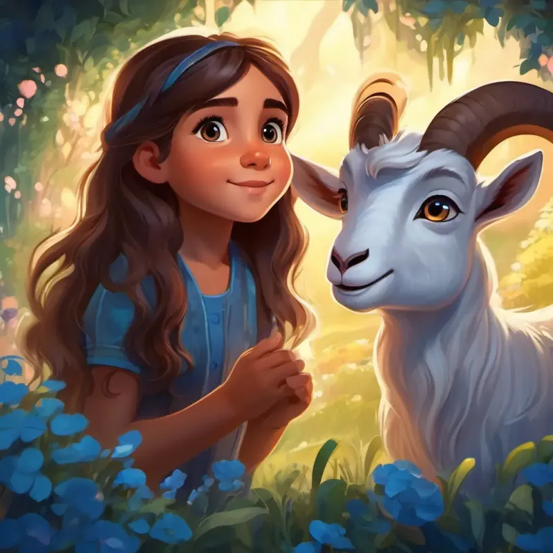 Young girl with a sense of adventure, long hair, brown eyes decides to seek the magical well with Friendly goat with unique sparkling blue eyes.