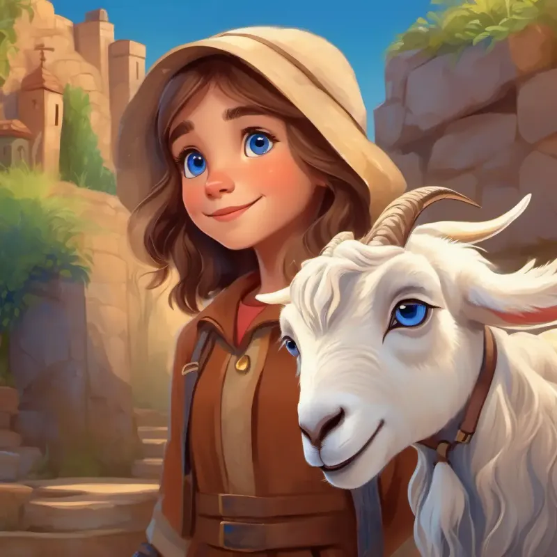 Young girl with a sense of adventure, long hair, brown eyes and Friendly goat with unique sparkling blue eyes begin their adventure to the well.