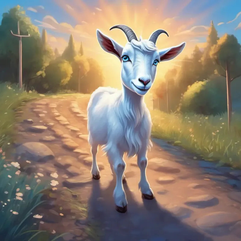 Friendly goat with unique sparkling blue eyes chooses a path at a fork in the road.