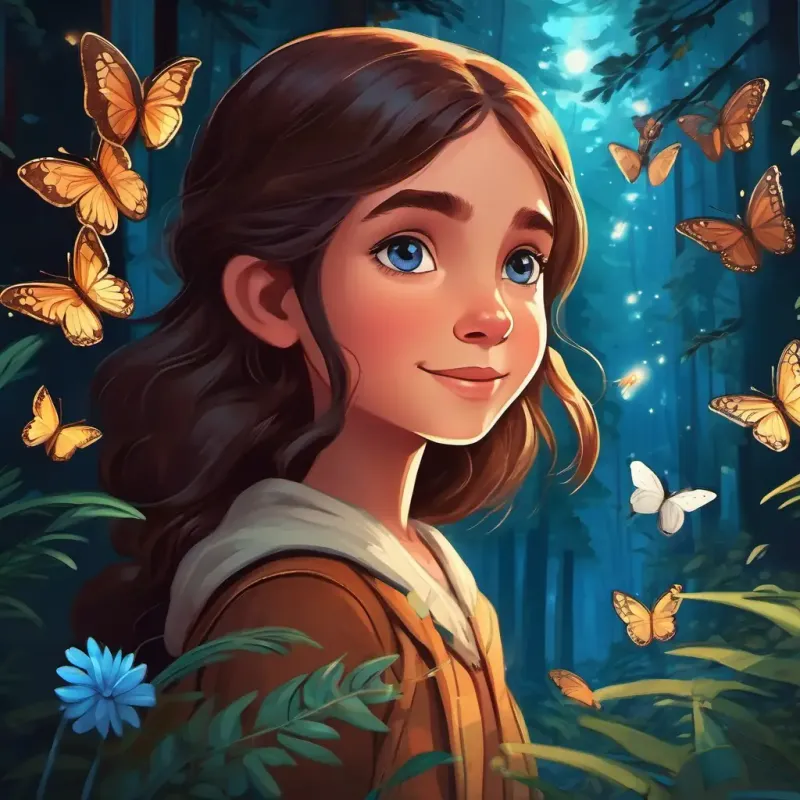 Butterflies guide Young girl with a sense of adventure, long hair, brown eyes and Friendly goat with unique sparkling blue eyes through the dark forest.