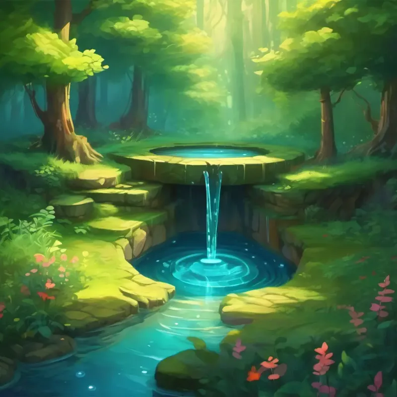 Discovery of the magical well in a clearing.