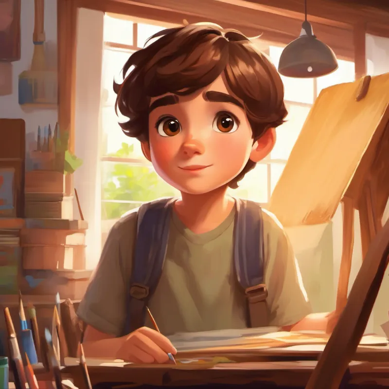 Shy, sophomore, short brown hair, big brown curious eyes starts painting, kids begin noticing his talent.