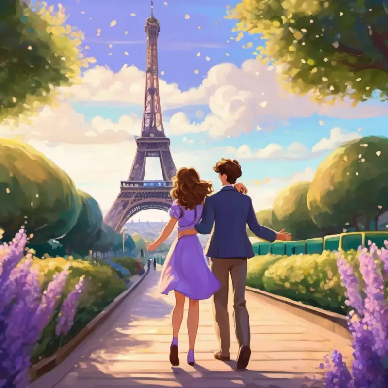 Lavender has long, flowing brown hair and sparkling blue eyes and Amélie has curly blonde hair and twinkling green eyes standing in front of the Eiffel Tower, waving goodbye
