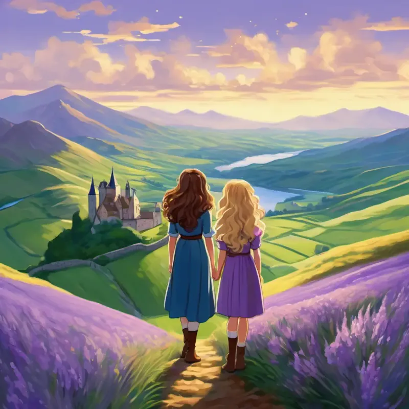 Lavender has long, flowing brown hair and sparkling blue eyes and Amélie has curly blonde hair and twinkling green eyes standing on a hill, looking at the majestic Scottish Highlands