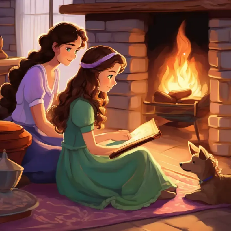 Lavender has long, flowing brown hair and sparkling blue eyes and Amélie has curly blonde hair and twinkling green eyes sitting by a fireplace, listening to their great-great-grandfather's stories