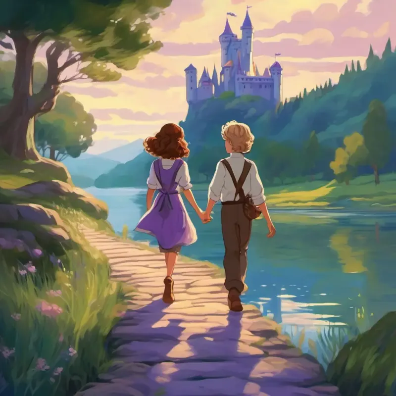 Lavender has long, flowing brown hair and sparkling blue eyes and Amélie has curly blonde hair and twinkling green eyes walking hand in hand, exploring a castle by a loch
