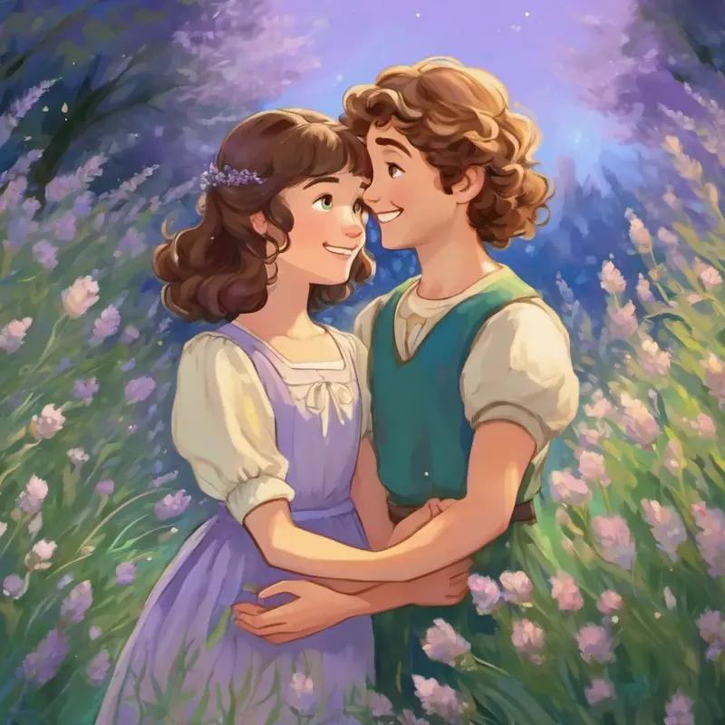 Lavender has long, flowing brown hair and sparkling blue eyes and Amélie has curly blonde hair and twinkling green eyes holding hands, smiling and looking at each other with joy