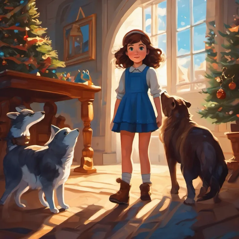 Curious girl, fair skin, wavy brown hair, blue eyes confronts the shadow with animal friends' help