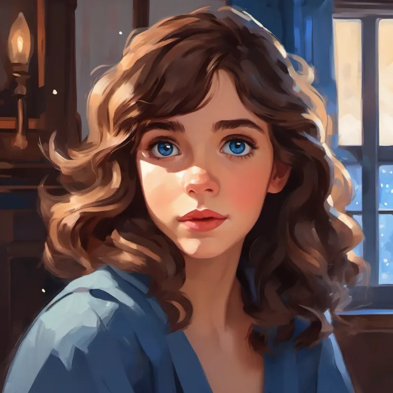 Shadow shows vulnerability, Curious girl, fair skin, wavy brown hair, blue eyes feels empathy