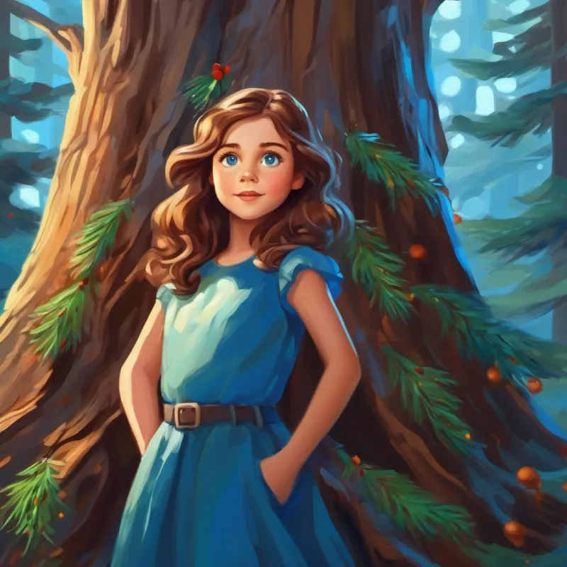 Curious girl, fair skin, wavy brown hair, blue eyes in forest  discovers a majestic  tree