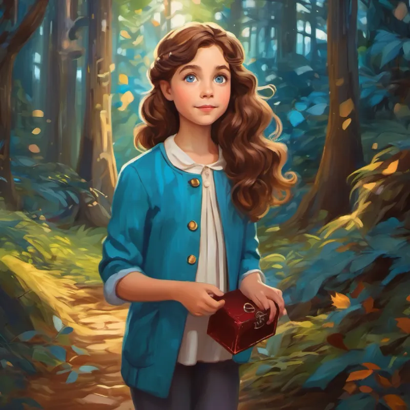 Curious girl, fair skin, wavy brown hair, blue eyes in forest  discovers a key to a magical realm