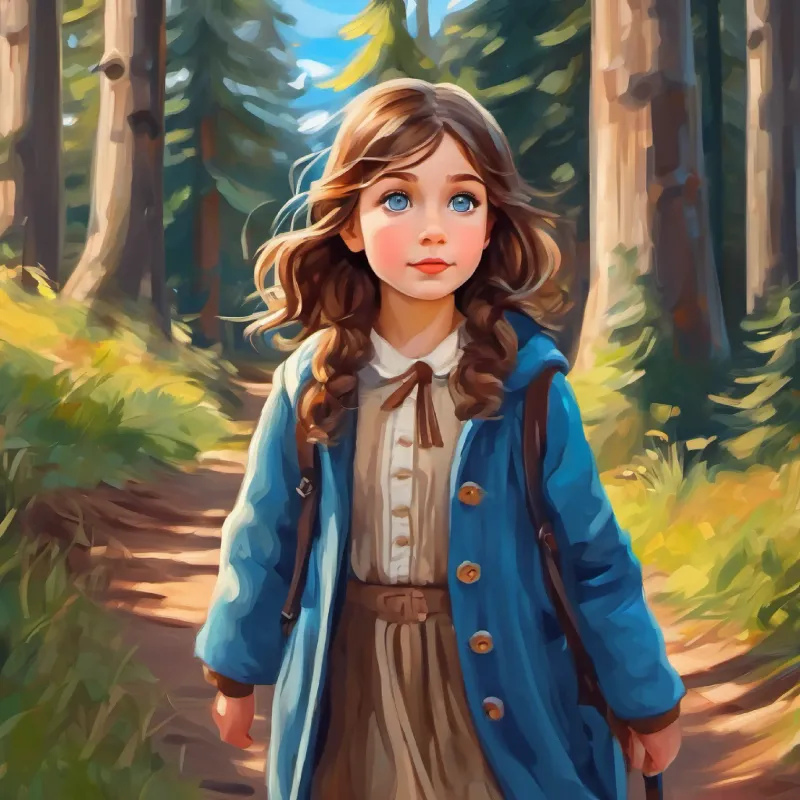 Curious girl, fair skin, wavy brown hair, blue eyes going home from forest in spring