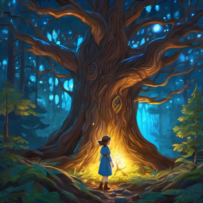 Curious girl, fair skin, wavy brown hair, blue eyes in forest  discovers a majestic  tree glowing with a chest near the roots
