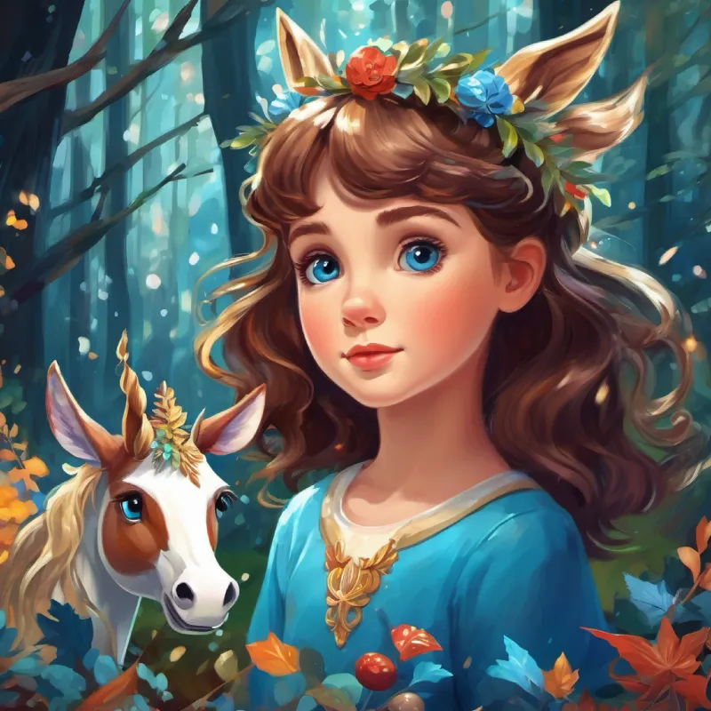 Curious girl, fair skin, wavy brown hair, blue eyes at in a magical forest with unicorn that gives her a trinket