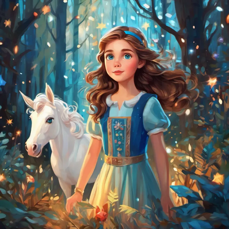 Startled girl, fair skin, wavy brown hair, blue eyes at in a magical forest with unicorn