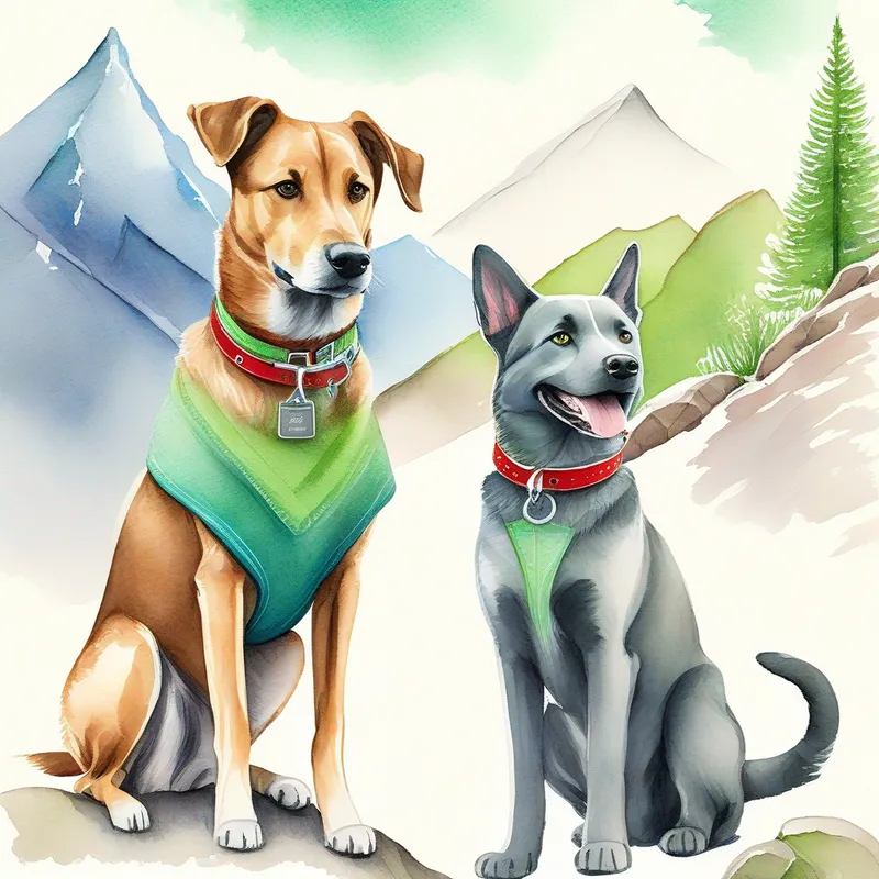Friendly brown dog with a wagging tail, wearing a red collar and Curious gray cat with bright green eyes, wearing a blue collar are smiling and holding hands. The mountain is tall and green.