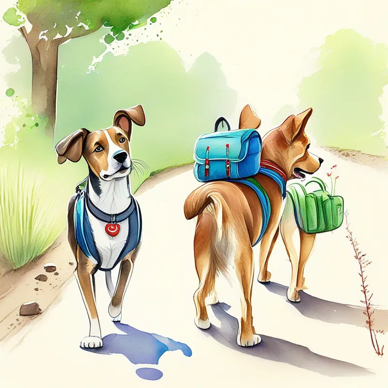 Friendly brown dog with a wagging tail, wearing a red collar and Curious gray cat with bright green eyes, wearing a blue collar are walking on a dirt path with backpacks. They have sandwiches and water bottles.
