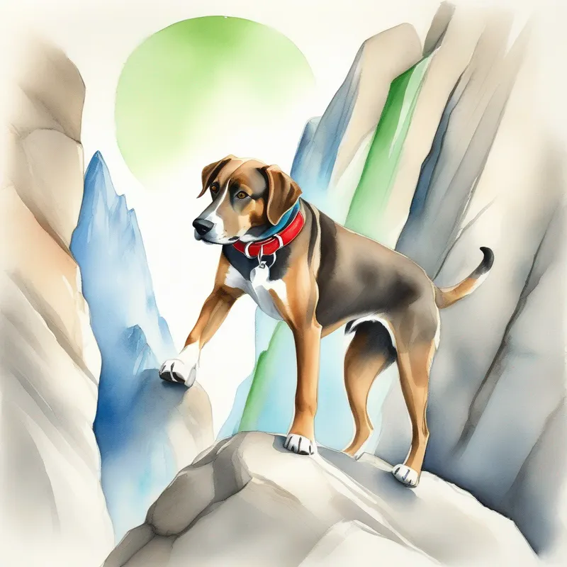 Friendly brown dog with a wagging tail, wearing a red collar and Curious gray cat with bright green eyes, wearing a blue collar are climbing together, holding paws. The mountain is steep and has rocks.